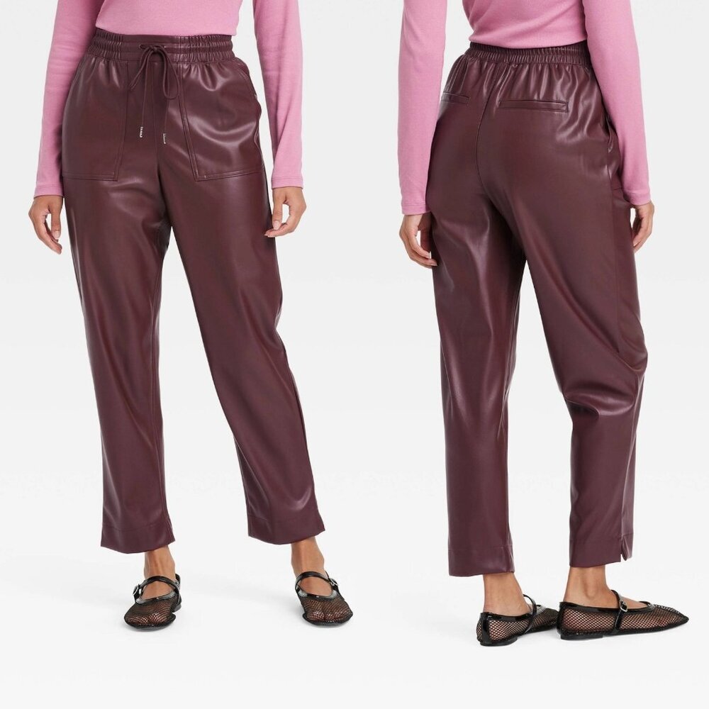 Medium - Womens High-Rise Faux Leather Tapered Ankle Pull-On Pants - Burgundy